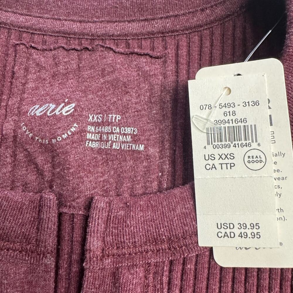 Aerie NWT Women's Sz XXS Long Sleeve Purple Burgundy Ribbed Henley - Picture 2 of 5